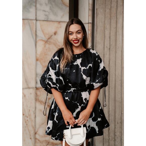 AJE Oxidised Puff-sleeved Cutout Linen-blend Mini Dress navy blue size US 2 AU 6 - Picture 15 of 16